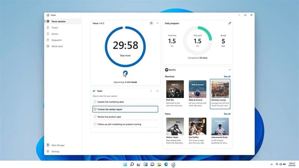 Sesiones de concentración de Windows 11.