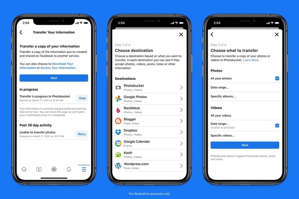 Nuevos destinos en la herramienta de transferencia de datos de Facebook