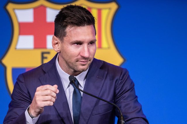 Lionel "Leo" Messi attends during his press conference to talk about his departure from FC Barcelona at Camp Nou stadium on August 08, 2021, in Barcelona, Spain
