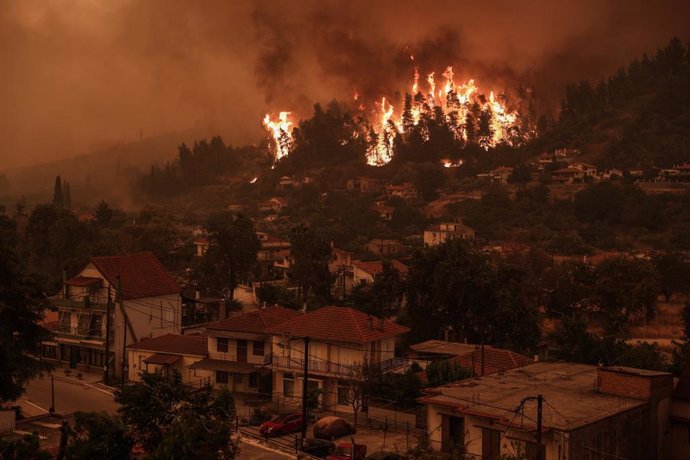 08 August 2021, Greece, Gouves: A blaze engulfs trees in its path as forest fires approach the village of Gouves on Evia island, about 189 kilometers north of Athens. Photo: Eurokinissi/Eurokinissi via ZUMA Press Wire/dpa