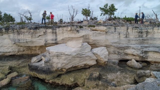 Un nuevo estudio de las costas de las Bahamas puede cambiar las estimaciones de los niveles del mar en el pasado. Aquí,  examinan las rocas costeras de la isla Crooked del archipiélago que se formaron cuando los niveles del mar eran más altos