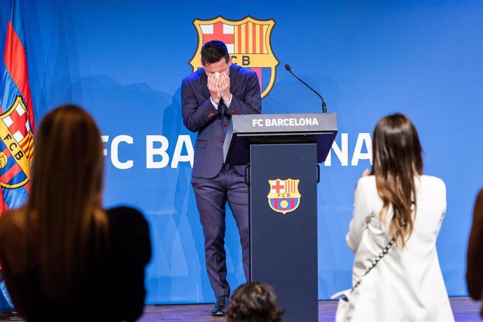 Lionel "Leo" Messi laments during his press conference to talk about his departure from FC Barcelona at Camp Nou stadium on August 08, 2021, in Barcelona, Spain