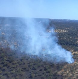 Imagen del incendio forestal declarado ayer en Santa Olalla del Cala (Huelva).