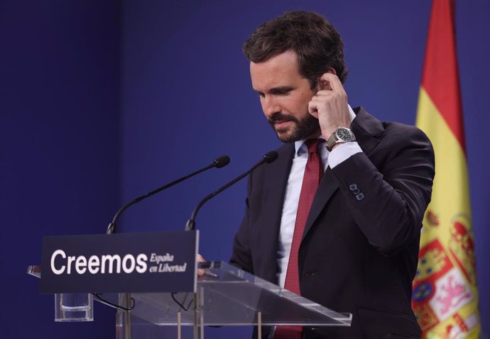 El presidente del PP, Pablo Casado, durante una rueda de prensa en la sede del partido, a 29 de julio de 2021, en Madrid (España)