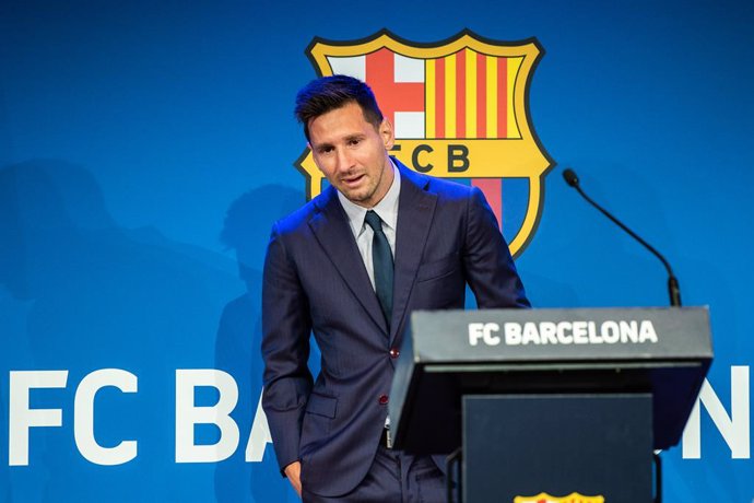 Lionel "Leo" Messi attends during his press conference to talk about his departure from FC Barcelona at Camp Nou stadium on August 08, 2021, in Barcelona, Spain