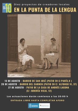 Cartel del espectáculo de narracin oral ?En la punta de la lengua' llegará a cuatro patios de Segovia.