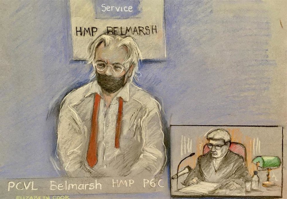 Dibujo de Julian Assange en una vista judicial