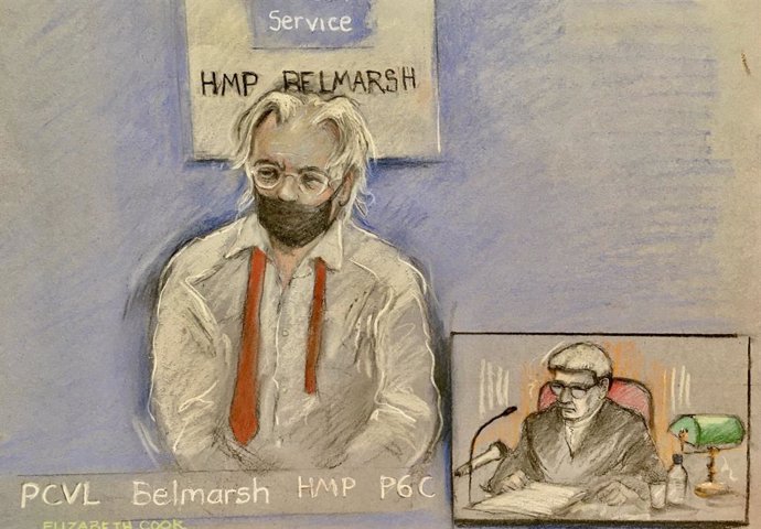 11 August 2021, United Kingdom, London: Court artist sketch by Elizabeth Cook of the Wikileaks founder's Julian Assange appearing by video link during the first hearing in his extradition appeal. Photo: Elizabeth Cook/PA Wire/dpa