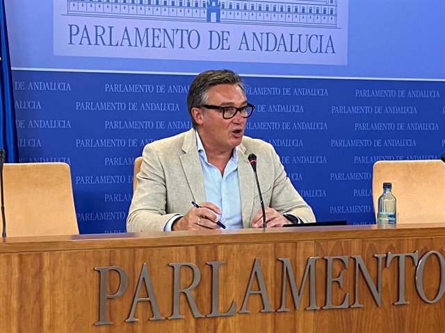 El portavoz de Vox en el Parlamento de Andalucía, Manuel Gavira, este miércoles en rueda de prensa.