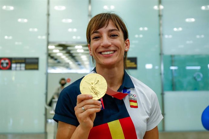 Spain karate, Sandra Sanchez (kata gold medal), poses for photo during her welcomed at Adolfo Suarez Airport upon her return from the 2020 Summer Olympic Games in Tokyo on august 11, 2021, in Madrid, Spain.