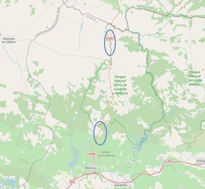 Puntos donde se actuará para reducir la probabilidad de atropello de fauna salvaje en la N-420 en Córdoba.