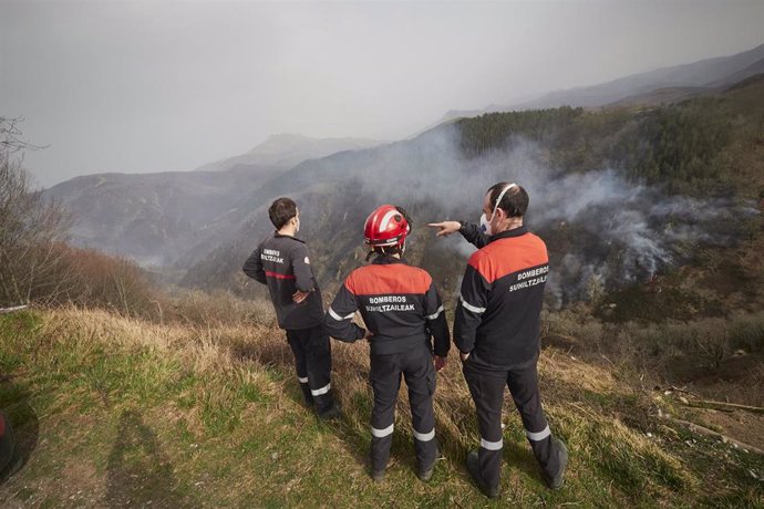 Archivo - Tres bomberos de Navarra estudian el terreno del incendio en AuzoBerri, Navarra (España), a 21 de febrero de 2021