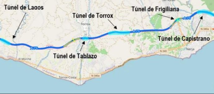 MITMA licita las obras de adecuación a la normativa vigente en materia de seguridad de varios túneles de la A-7 al este de la provincia de Málaga