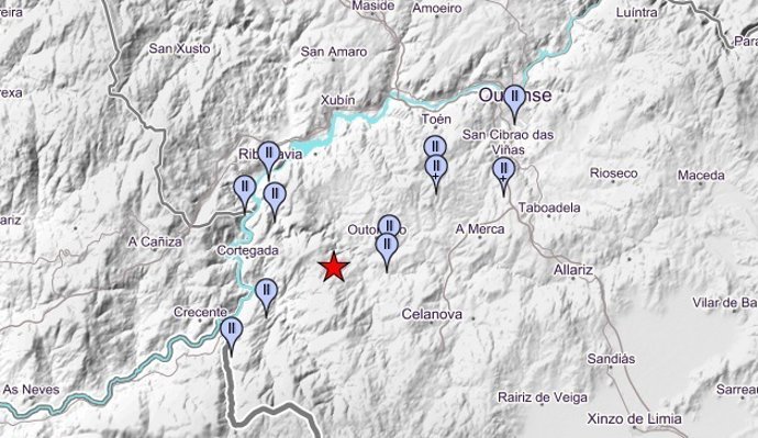 Captura del mapa del Instituto Geográfico Nacoinal con el epicentro del seísmo de 2,7 de magnitud con epicentro en Gomesende y que fue percibido en varios puntos de la provincia de Ourense