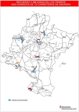 Mapa con los tramos de carretera que se rehabilitarán