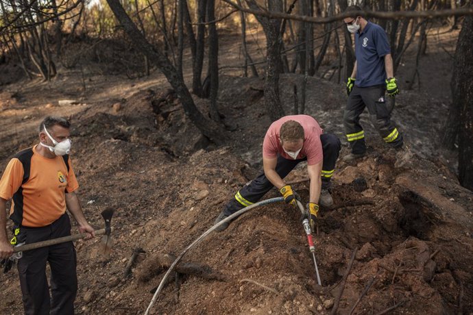 13 August 2021, Greece, Lalas: German firefighters fight remaining embers near Lalas, during an operation on the Peloponnese peninsula after forest fires. Photo: Socrates Baltagiannis/dpa