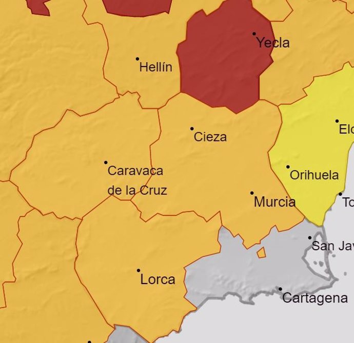 Mapa de alertas para este sábado en la Región de Murcia
