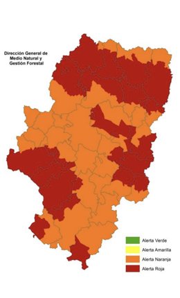 Alerta roja por peligro de incendios forestales en zonas de las tres provincias de Aragón.