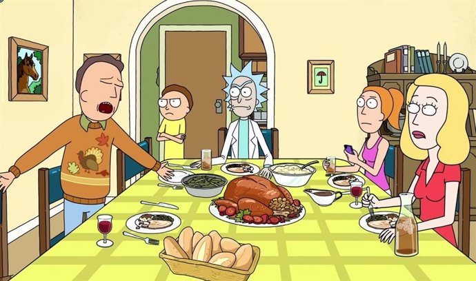 Rick, Morty y toda la familia celebrando Acción de Gracias