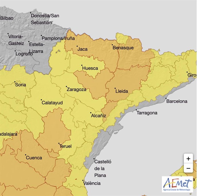 Avisos naranja y amarillo por altas temperaturas en Aragón, este domingo.