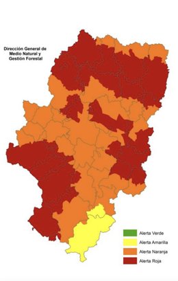 Niveles de alerta por peligro de incendios forestales en Aragón esta domingo, 15 agosto 2021.
