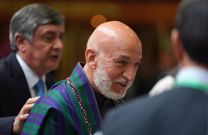 Archivo - May 28, 2019 - Moscow, Russia: The ceremonial meeting dedicated to the 100th anniversary of the establishment of Russian-Afghan diplomatic relations. Former Afghan President Hamid Karzai (center) at a meeting in the President Hotel. (Emin Dzha