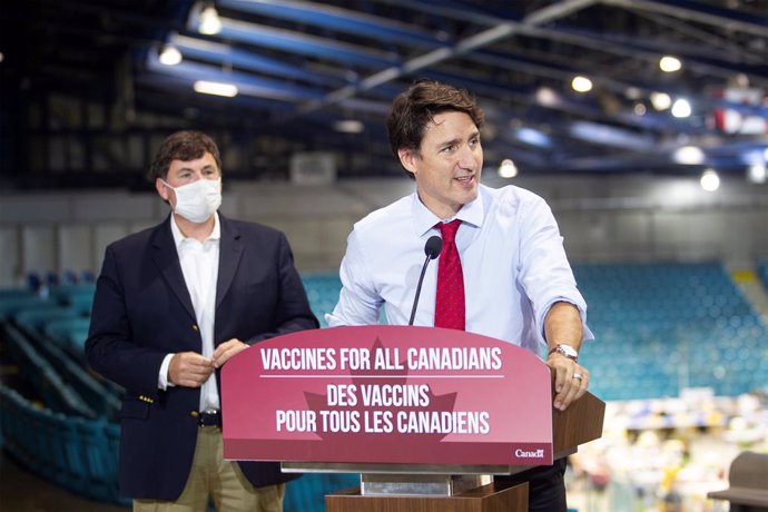 27 July 2021, Canada, Moncton: Canadian Prime Minister Justin Trudeau (R) speaks during a press conference on the COVID-19 vaccination. Photo: Ron Ward/The Canadian Press via ZUMA/dpa