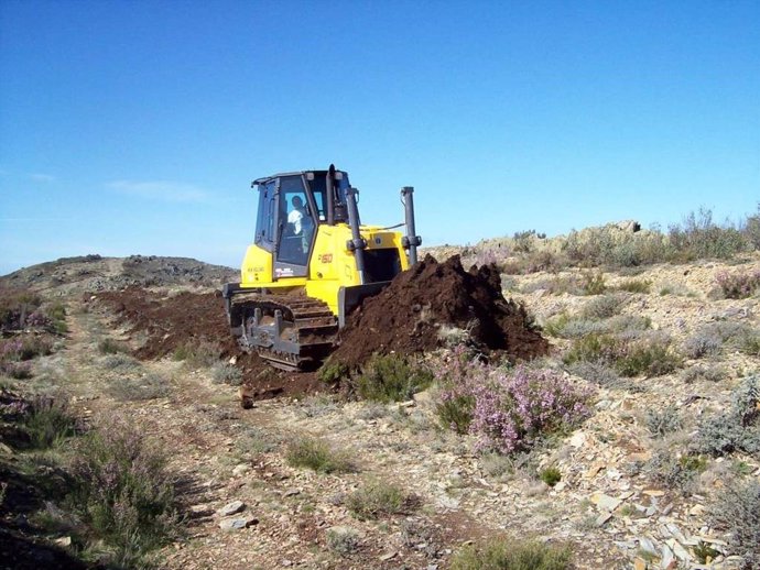 Archivo - Un bulldozer del Infoex en tareas de prevención contra incendios forestales.