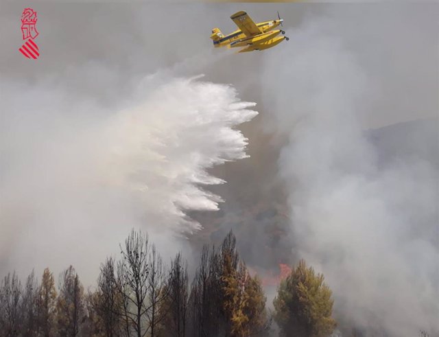Bomberos trabajan este domingo en la extinción del incendio forestal de Azuébar (Castellón)
