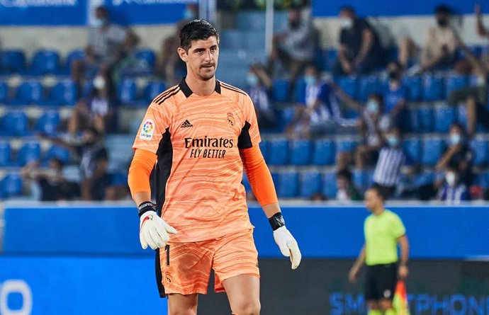 Thibaut Courtois of Real Madrid CF looks on during the Spanish league, La Liga Santander, football match played between Deportivo Alaves and Real Madrid CF at Mendizorroza stadium on August 14, 2021 in Vitoria, Spain.