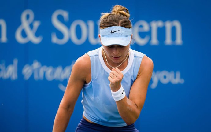 Paula Badosa of Spain in action during the first round of the 2021 Western & Southern Open WTA 1000 tennis tournament against Petra Martic of Croatia