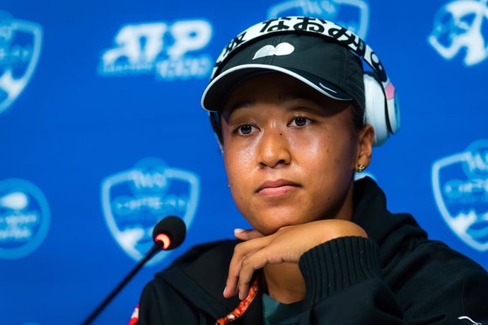 Naomi Osaka of Japan talks to the media ahead of the 2021 Western & Southern Open WTA 1000 tennis tournament