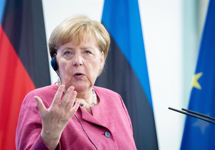 17 August 2021, Berlin: German Chancellor Angela Merkel speaks during a joint press conference with Estonia's Prime Minister Kaja Kallas, following their meeting at the Federal Chancellery. Photo: Kay Nietfeld/dpa POOL/dpa
