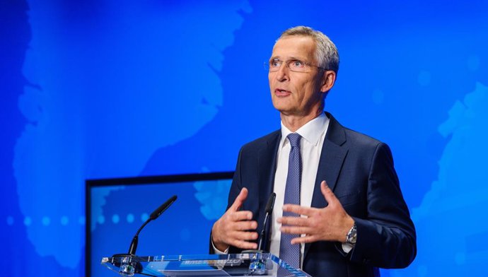 HANDOUT - 17 August 2021, Belgium, Brussels: Jens Stoltenberg, Secretary General of North Atlantic Treaty Organization (NATO), speaks during an online press conference on the situation in Afghanistan, at the NATO headquarters in Brussels. Photo: -/NATO/