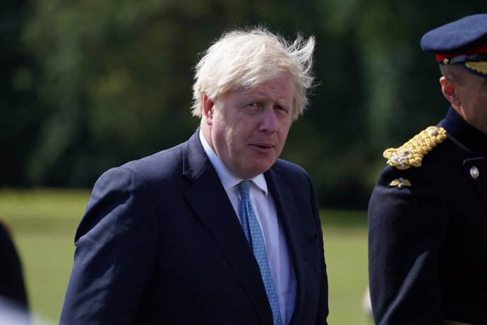 06 August 2021, United Kingdom, Camberley: UK Prime Minister Boris Johnson arrives at the Royal Military Academy Sandhurst in Camberley ahead of the Sovereign's Parade, which marks the end of 44 weeks of training for officer candidates. Photo: Steve Par
