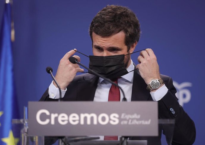 El presidente del PP, Pablo Casado, durante una rueda de prensa en la sede del partido