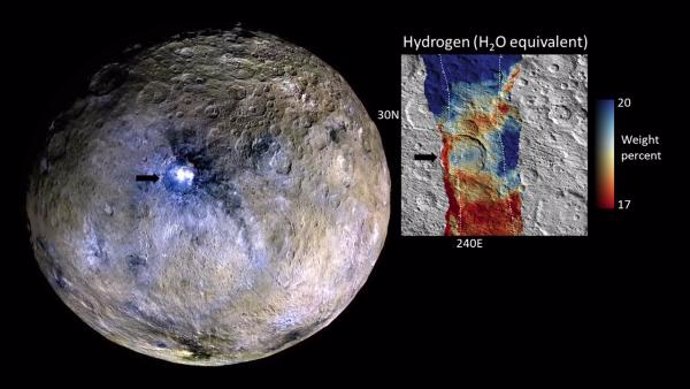 El estudio se centró en el cráter Occator (izquierda), que contiene los puntos brillantes más prominentes de Ceres.