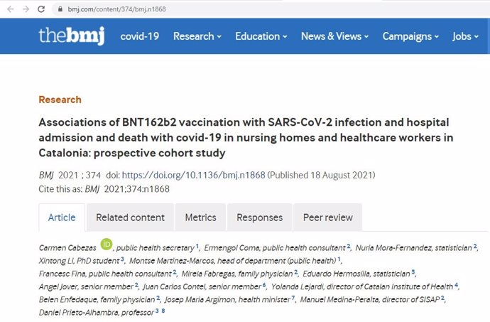 Les vacunes Covid-19 redueixen infeccions, ingressos i mortalitat en un 90% a Catalunya, segons un estudi publicat en la ?British Medical Journal? (BMJ).
