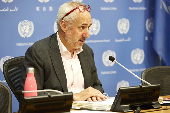 03 August 2021, US, New York: The Spokesperson for the UN Secretary-General Stephane Dujarric speaks during a press conference. Photo: Mark J. Sullivan/ZUMA Press Wire/dpa