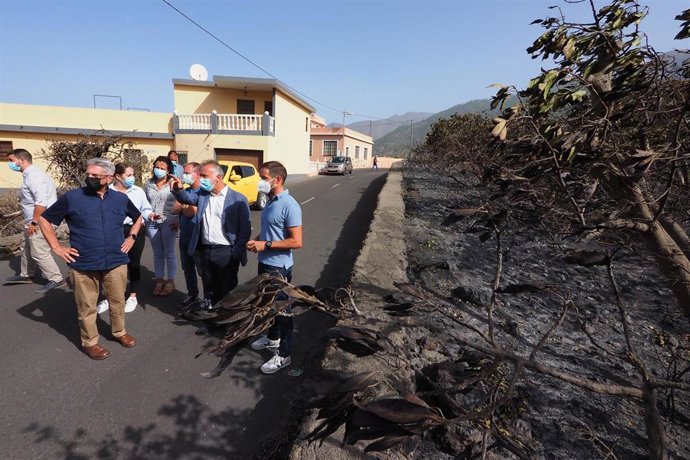 El presidente de Canarias, Ángel Víctor Torres (2d), junto al consejero regional de Seguridad, Julio Pérez, y el presidente del Cabildo de La Palma, Mariano Hernandez Zapata, visitando la zona afectada por el fuego