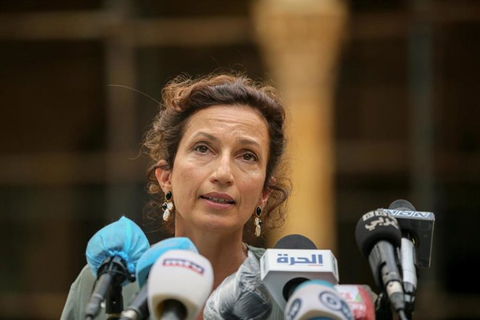 Archivo - 27 August 2020, Lebanon, Beirut: Director general of the UNESCO Audrey Azoulay speaks with the media representatives at the  Sursock Palace, located at the Achrafieh district, which was heavily damaged in the 04 August 2020 deadly Beirut seapo