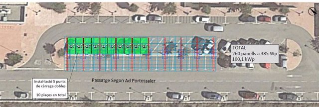 Formentera tramita la instalación de una pérgola fotovoltaica en el aparcamiento del polideportivo.