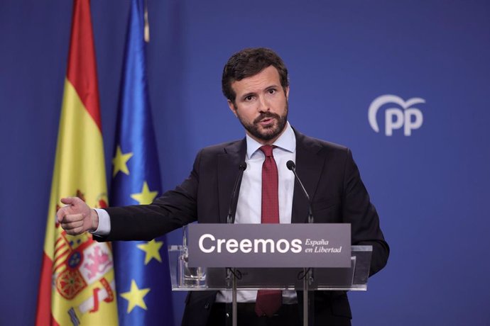 El presidente del PP, Pablo Casado, durante una rueda de prensa en la sede del partido, a 29 de julio de 2021, en Madrid (España).   