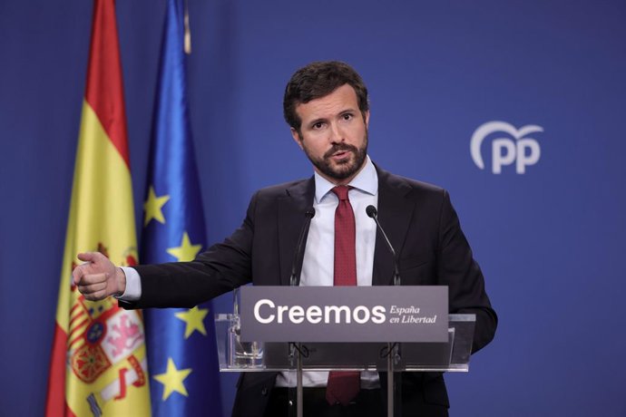 El president del PP, Pablo Casado, durant una roda de premsa a la seu del partit, a 29 de juliol de 2021, a Madrid (Espanya).   