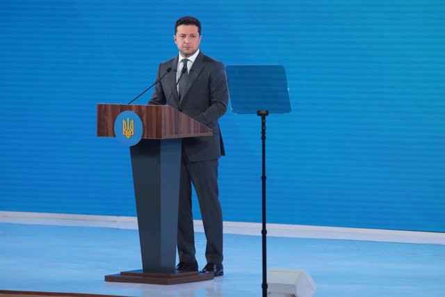28 July 2021, Ukraine, Kiev: Ukrainian President Volodymyr Zelensky delivers a speech during the 30th Decentralization Forum. Photo: -/Ukrinform/dpa