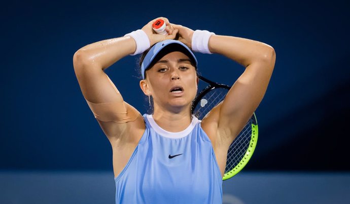 Paula Badosa of Spain in action during her third round match at the 2021 Western & Southern Open WTA 1000 tennis tournament against Elena Rybakina of Kazakhstan