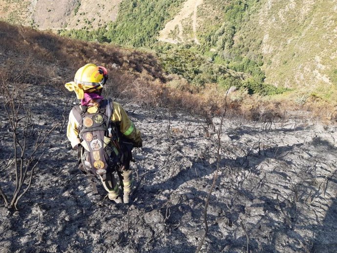 Labores de extinción del incendio en el Monte San Lorenzo
