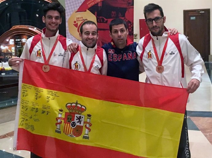 Archivo - Los taekwondistas españoles Aythami Santana, Alex Vidal y Gabriel Amado