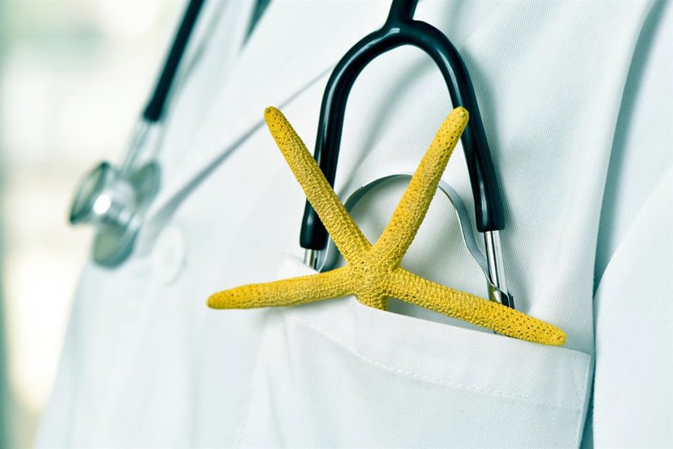 Archivo - Médico en verano, estrella de mar, fonendoscopio
