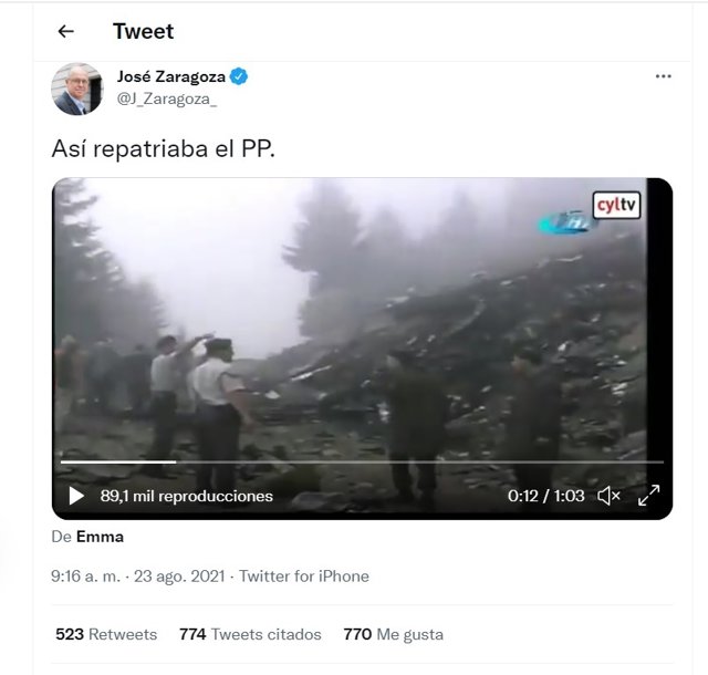 Mensaje de José Zaragoza equiparando el accidente del Yak 42 con las repatriaciones de afganos tras la llegada de los talibán a Kabul